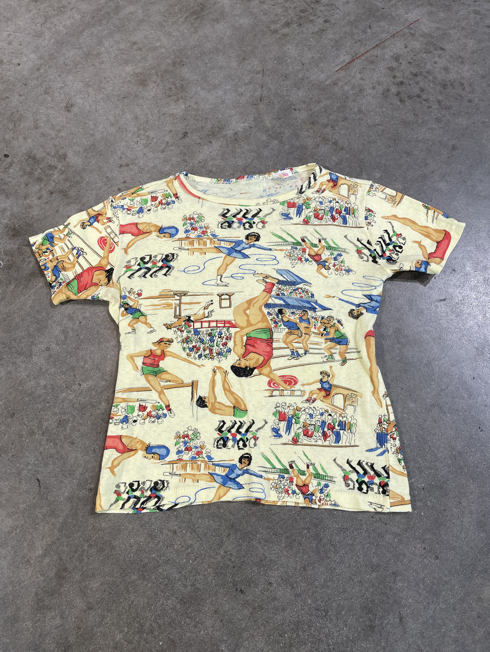 Vintage 70s Gymnastics Baby Tee All Over Print XS 14x19